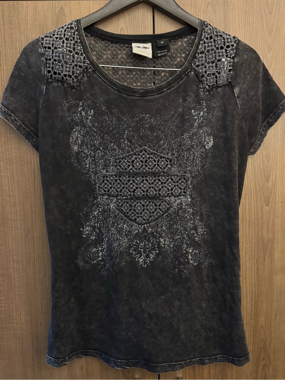 Harley-Davidson Black Washed Short Sleeve Tee with Lace Shoulders